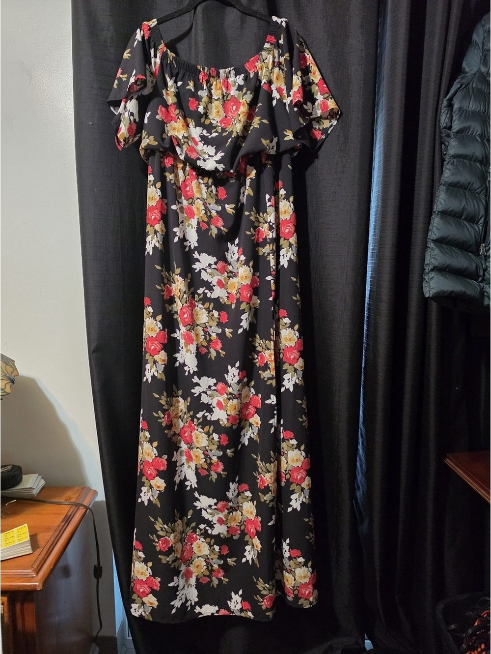 Black Floral Off-Shoulder Maxi Dress with Red & Cream Blooms